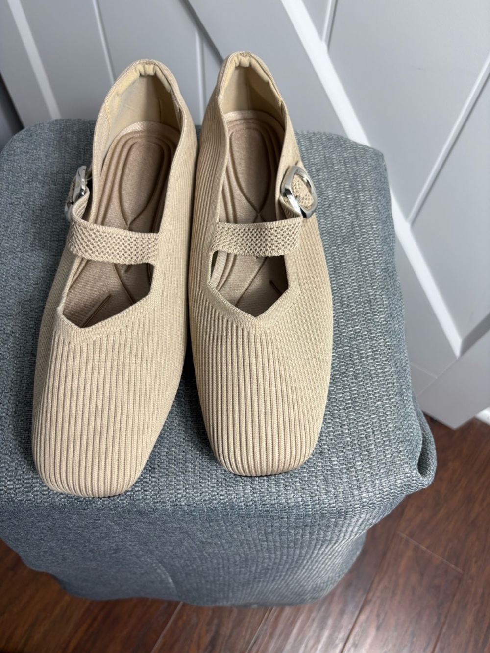 Women’s Beige Ribbed Mary Jane Flats with Buckle Size 12